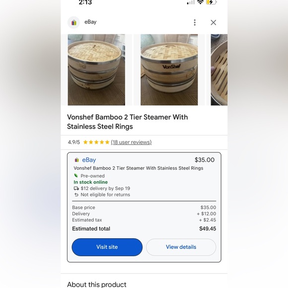 Vonshef Bamboo 2 Tier Steamer With Stainless Steel Rings - Picture 8 of 8